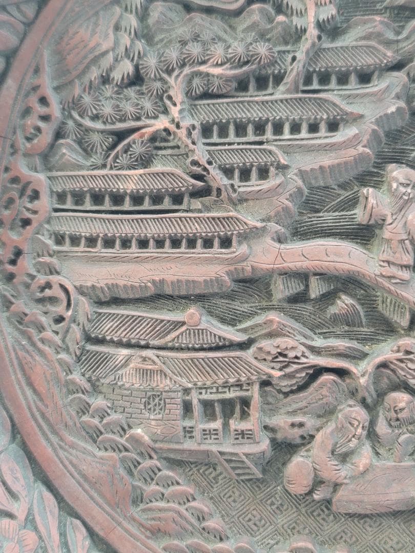 中国美術 銅胎 堆朱 楼閣紋 輪花皿 DT554