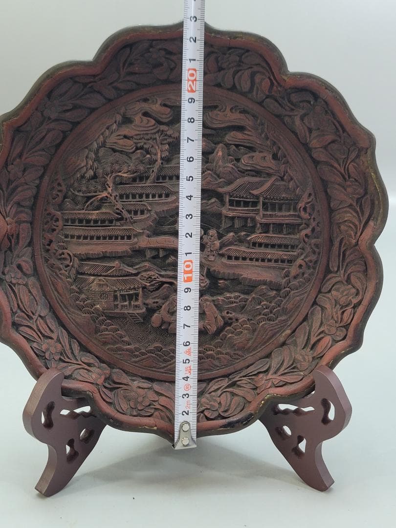 中国美術 銅胎 堆朱 楼閣紋 輪花皿 DT554