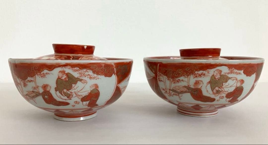 九谷★古九谷★蓋もの★煮物碗★赤絵金彩★窓絵★人物花鳥文★骨董★アンティーク