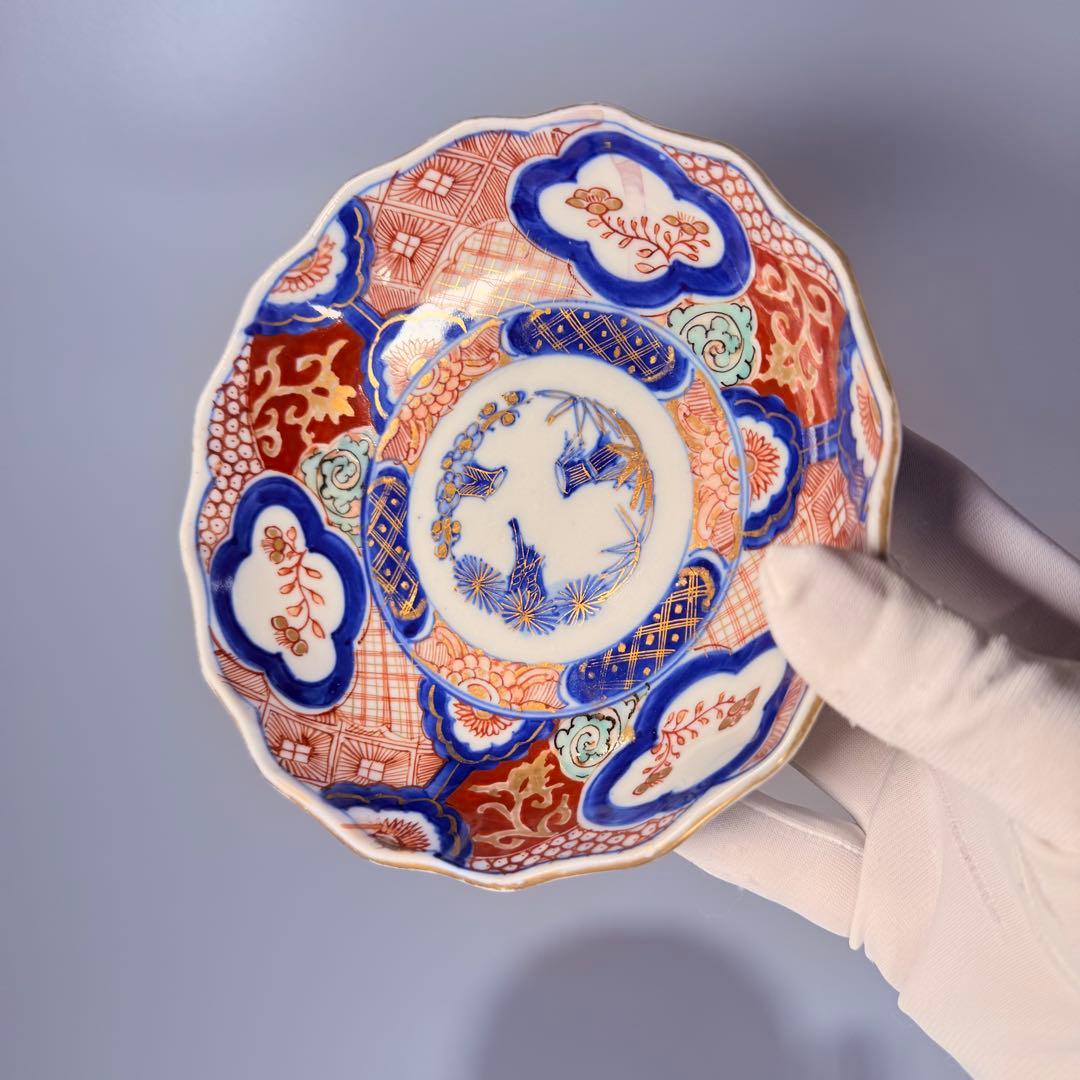 古伊万里　色絵松竹梅なます皿　五客　蛇の目高台　赤絵　緻密な絵付け　古器を楽しむ