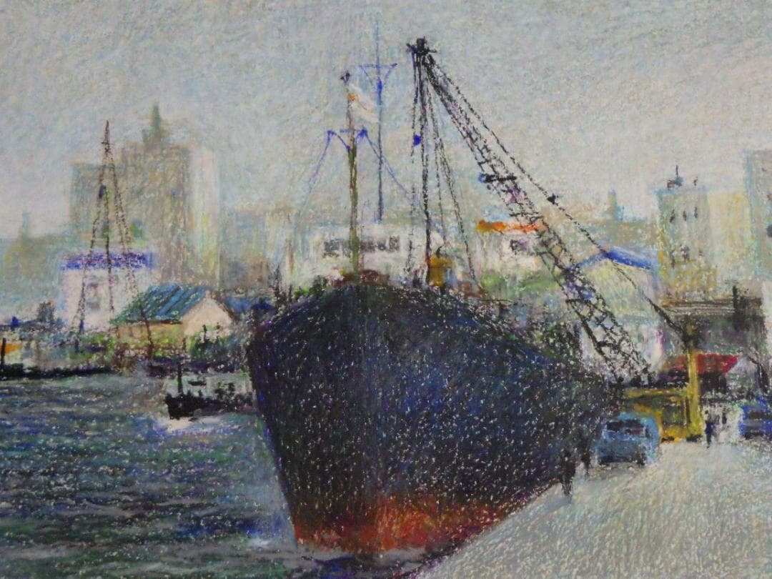 真作 佐藤忠一 クレヨン画 港風景 自筆サイン P6 額装