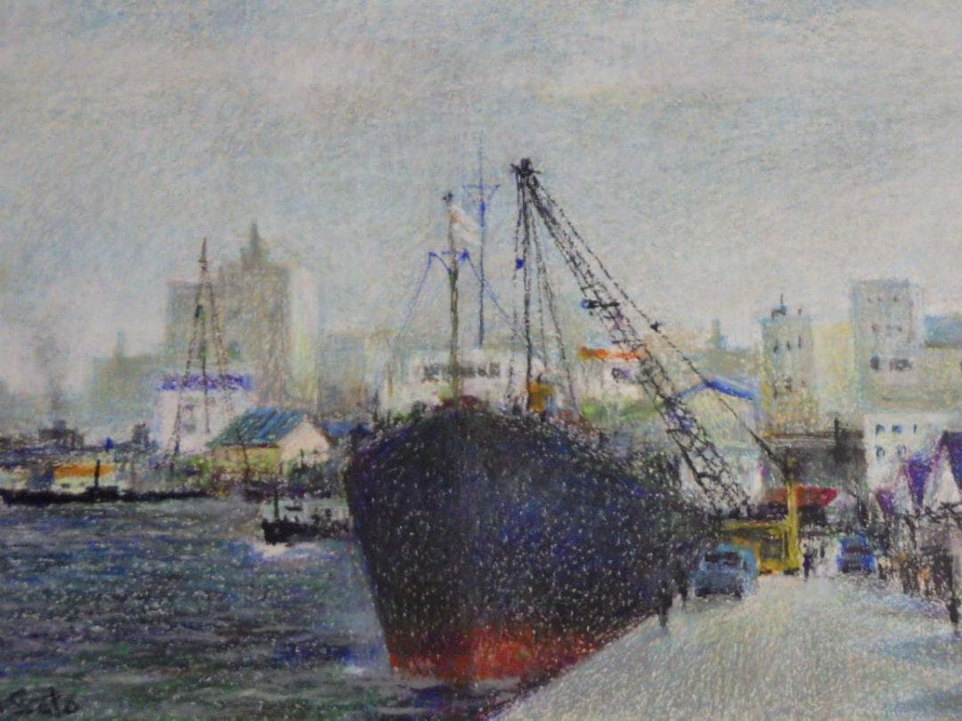 真作 佐藤忠一 クレヨン画 港風景 自筆サイン P6 額装