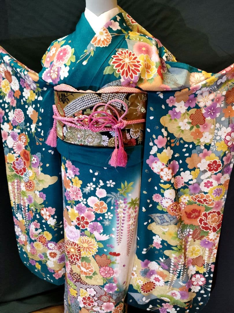 振り袖 フルセット 別誂長襦袢 金彩加工 刺繍入り 両面全通袋帯 個性的 663