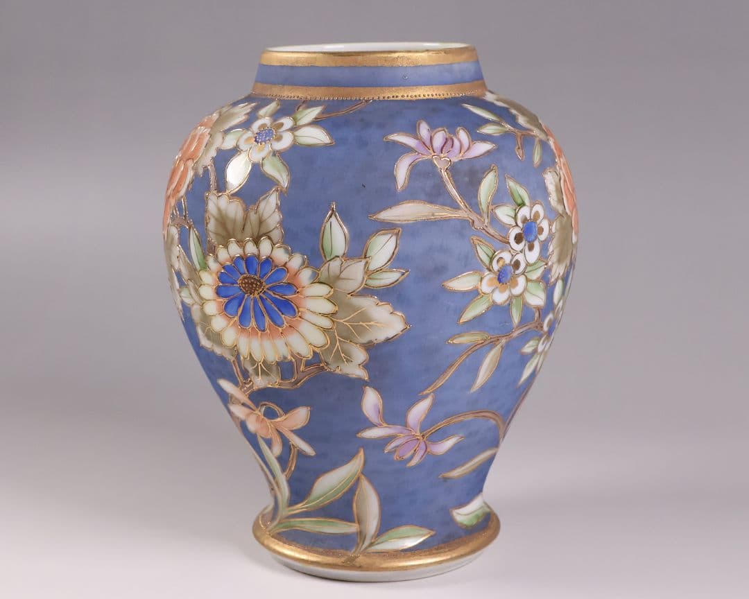 CM306】オールドノリタケ 草花 花瓶 高17.5cm 金彩 花入 青 明治