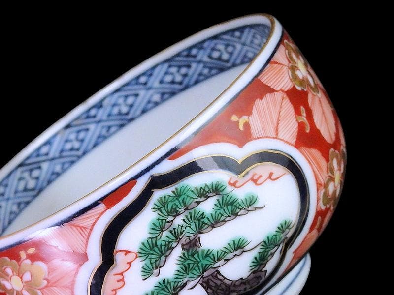 九谷　金襴手　窓絵　松竹梅の図　りん茶碗　湯呑　F336AS-fbul