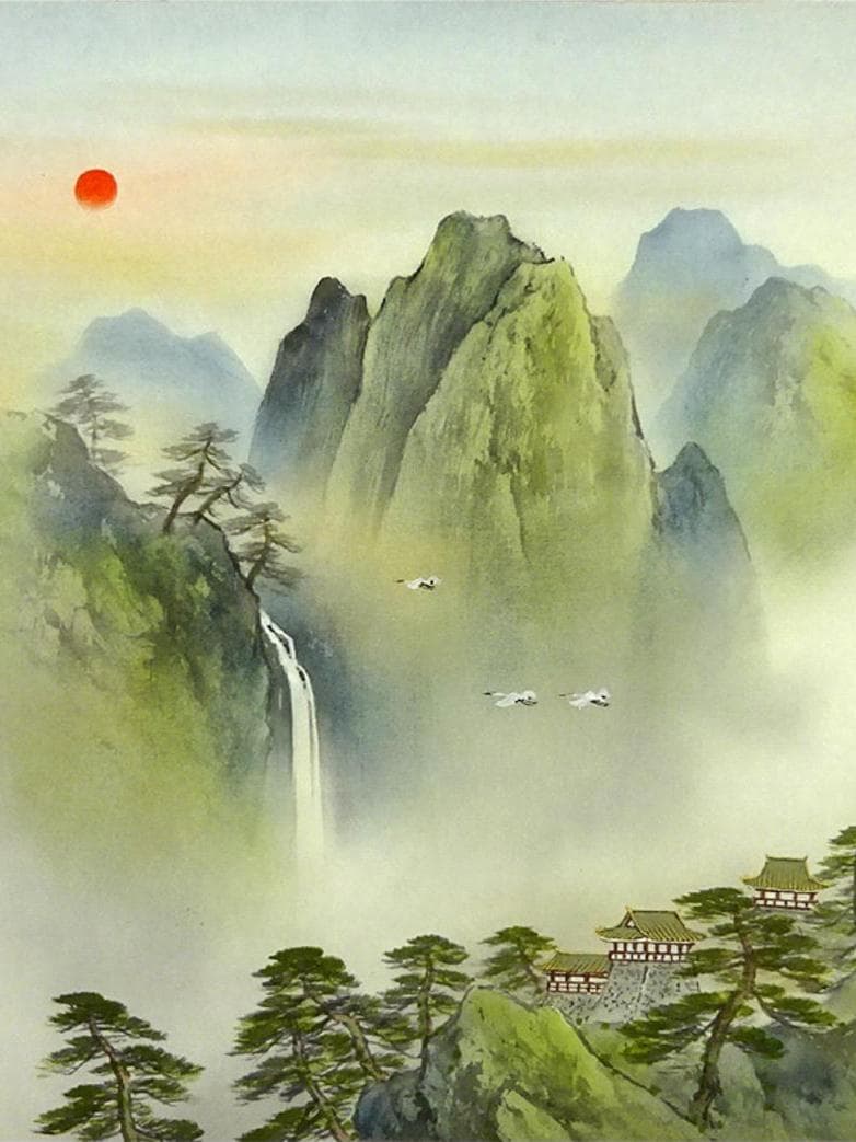 真作】掛軸 吉井春堂『蓬莱山図』日本画 絹本 共箱付 掛け軸