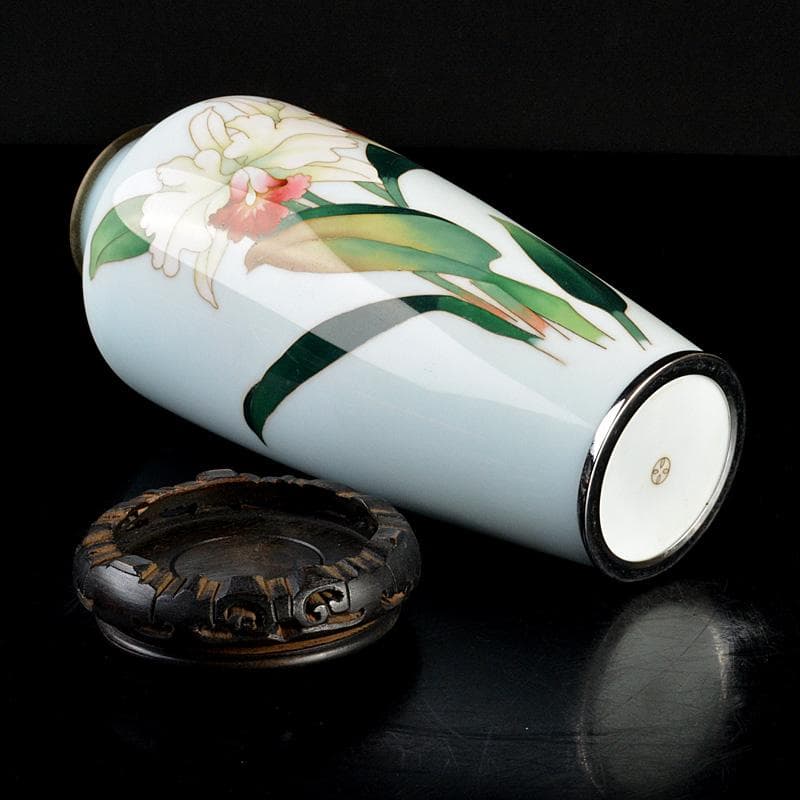 七宝焼　安藤七宝店　百合文　花瓶　唐木台付　C　6287