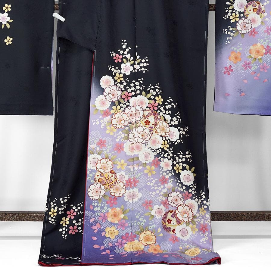 振袖 新品 未仕立て 仮絵羽 桜 鞠 金糸 型染め友禅 黒 ブラック 在庫