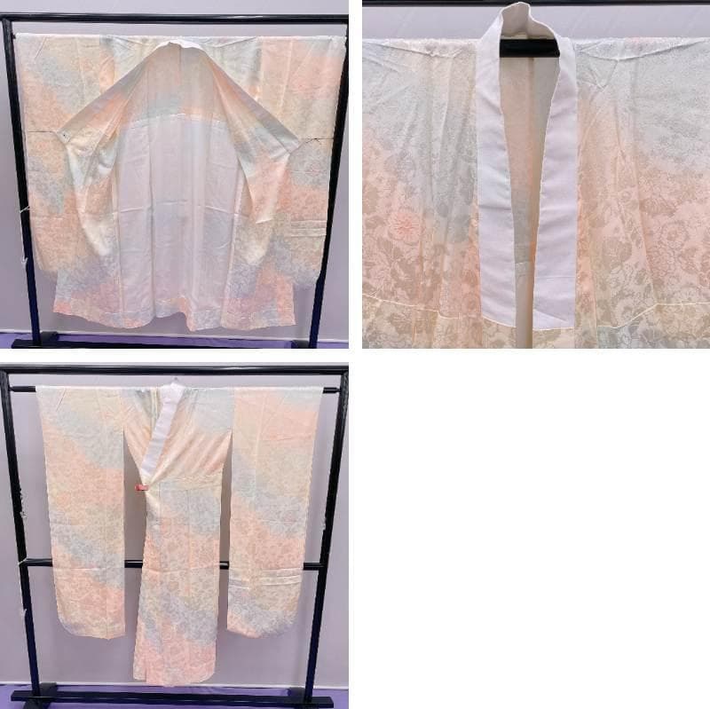 Y☆3883☆ 振袖 襦袢付き 袷 クリーム色 花柄 レトロ品