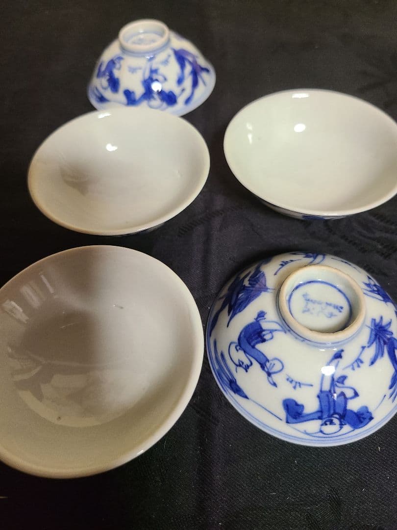 九谷焼須田菁華造染付人物盃4客 サイズ口径6.8cm高さ