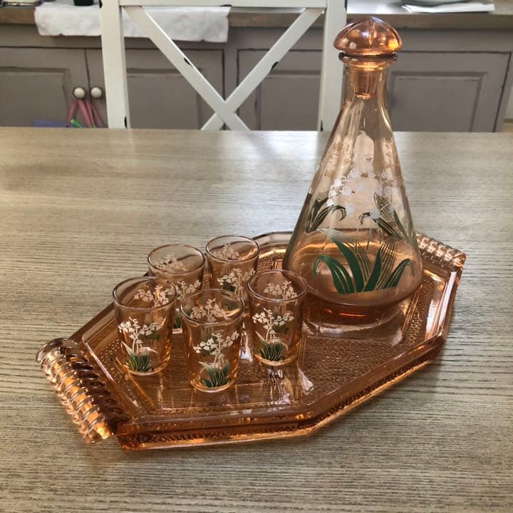 フランス アンティーク 鈴蘭のカラフェ リキュールグラス トレー