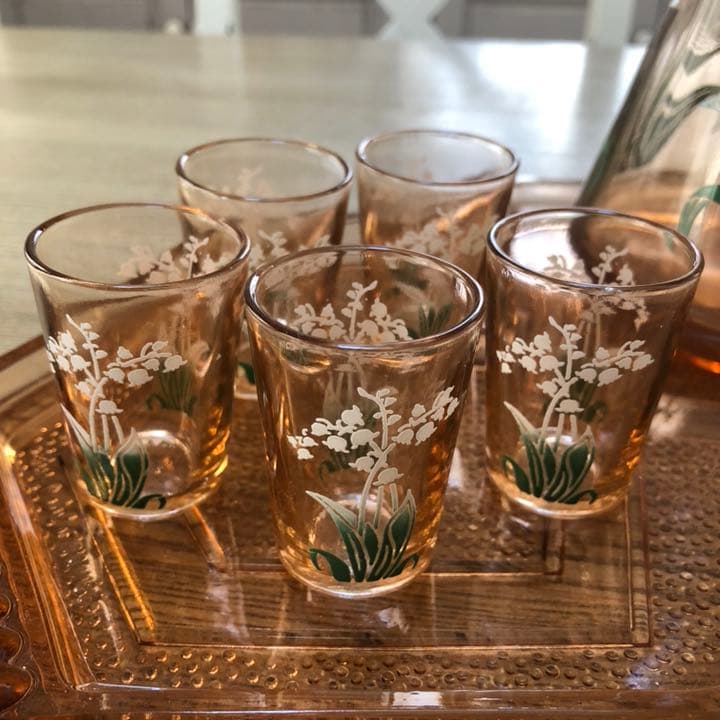 フランス アンティーク 鈴蘭のカラフェ リキュールグラス トレー