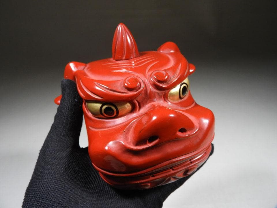 ●志路川作 国宝重要文化財 日光社寺古材 本朱漆塗 獅子頭 小箱 灰皿 正月最適