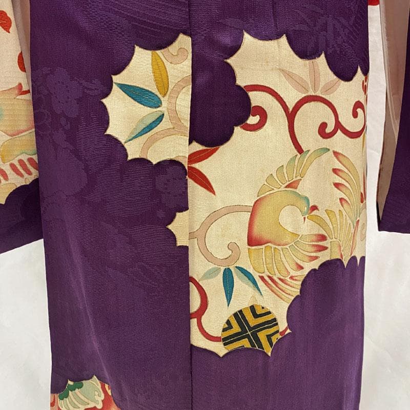 510ag46◎七五三 七歳 女児 アンティーク着物&丸帯 レトロ 鳳凰 紫◎
