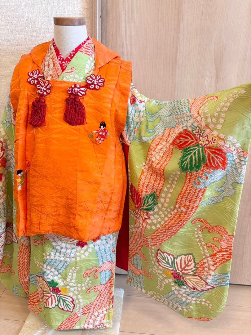 七五三 3歳 4歳 5歳 着物 被布セット 正絹 ヴィンテージ M2509152