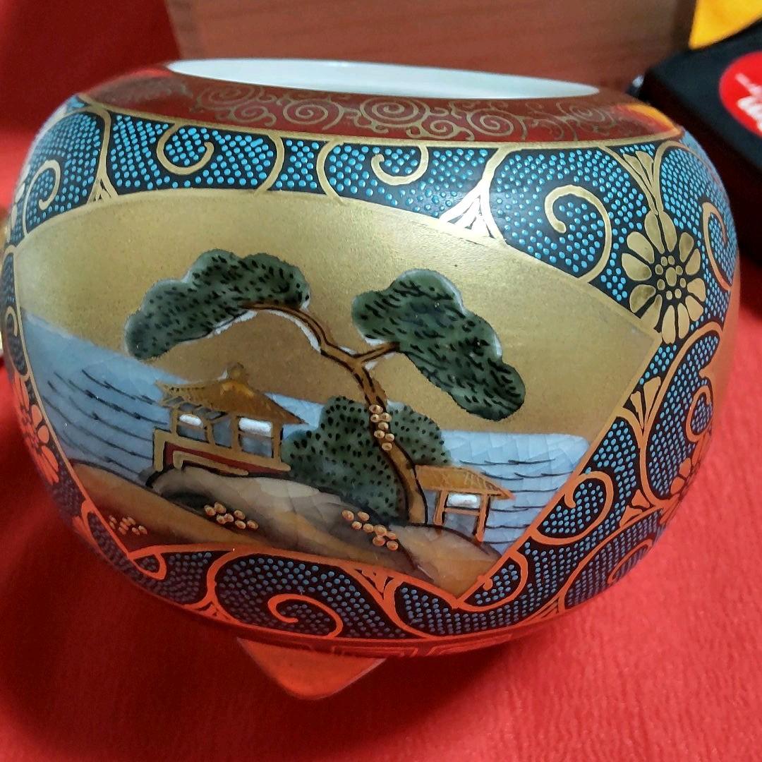 九谷焼香炉 花と鳥 竹に人物 山河図 掬翠作 共箱あり