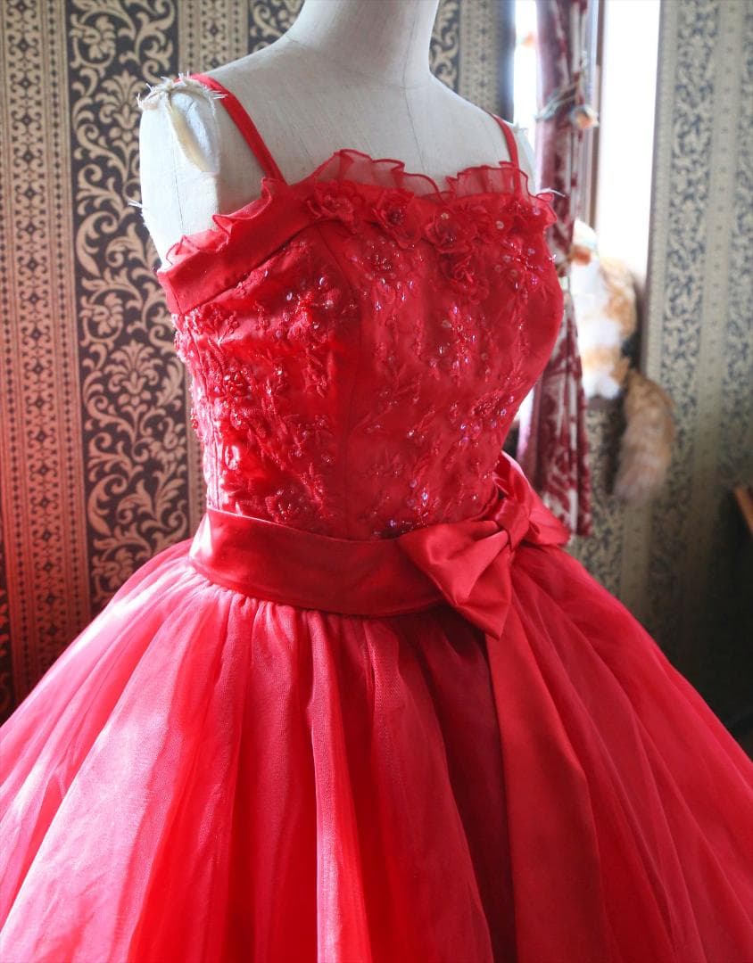 589エメAIMER赤ウェディングドレス7号Sサイズ赤カラードレス