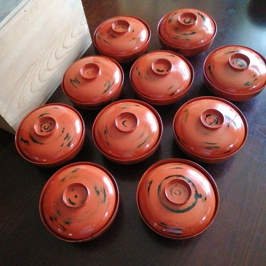 根来塗風蓋付吸物椀　10客　13.5cm　昭和中期