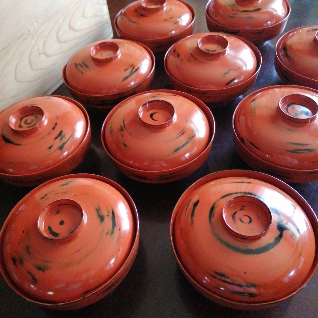 根来塗風蓋付吸物椀　10客　13.5cm　昭和中期