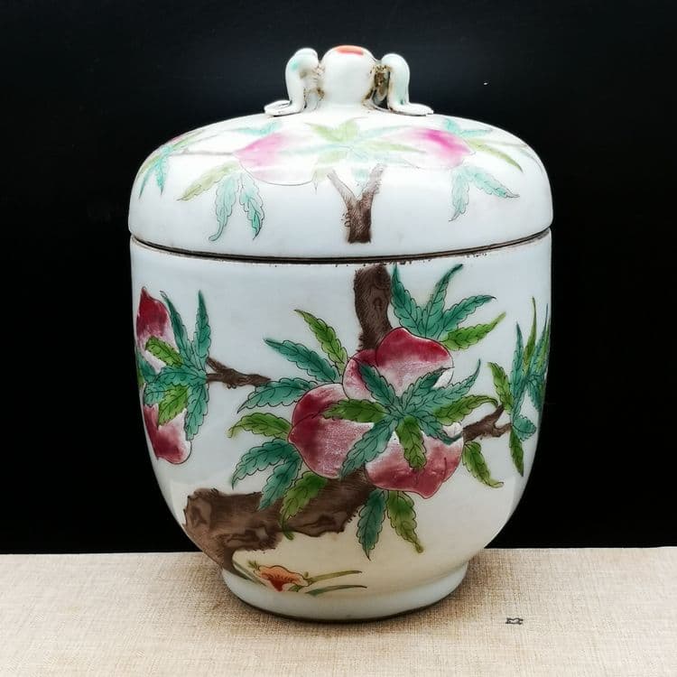 民国粉彩九桃五福紋蓋缶 現代工芸品 美術品 置物 民国粉彩九桃五福紋蓋缶 現代工芸品 美術品 置物