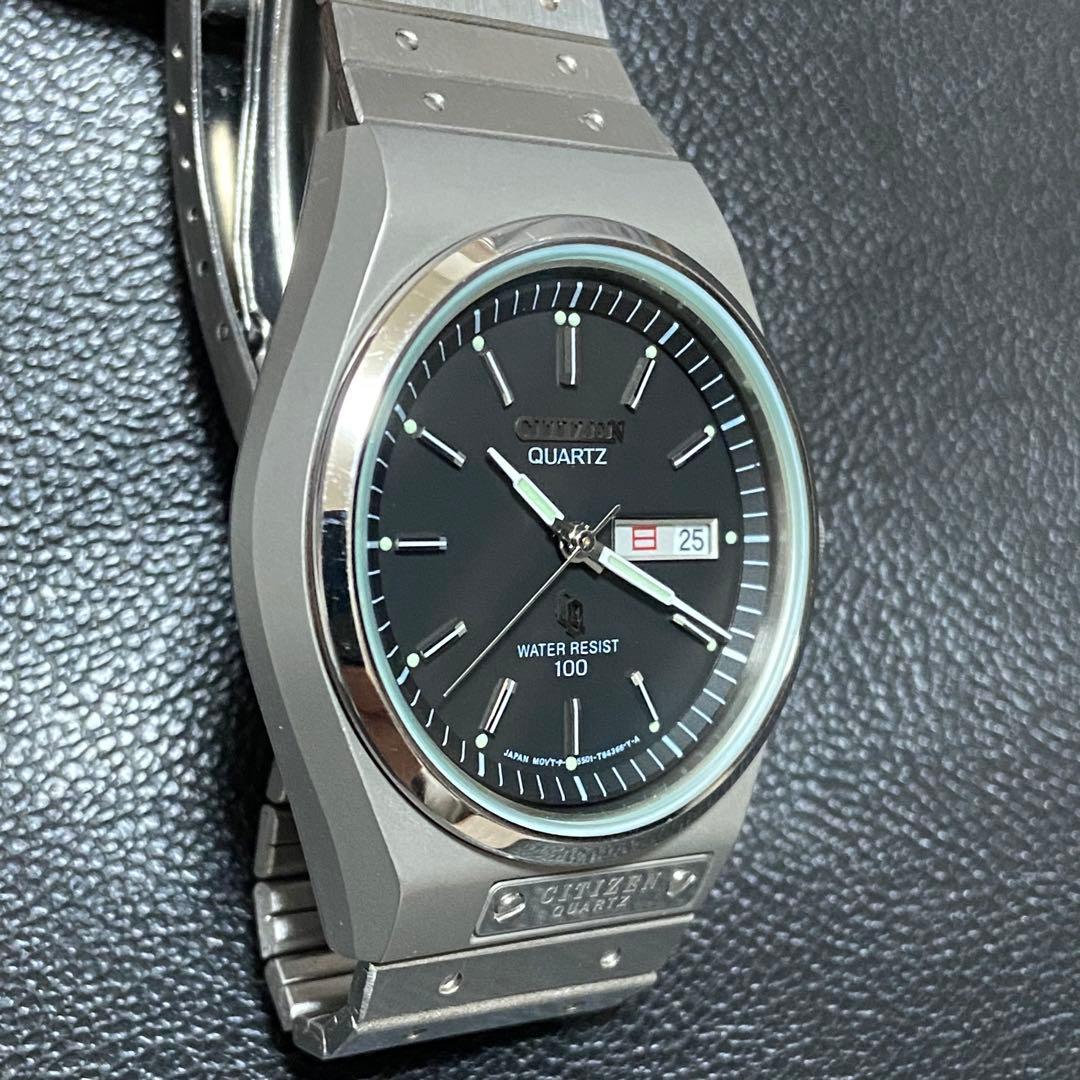 シチズン オールドクォーツ ブラックダイアル ガラス傷無し ロゴプレート 極美品