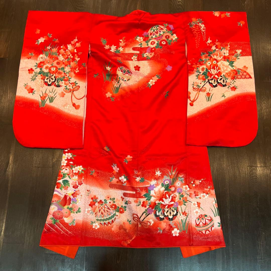 アンティーク 七五三 105cm前後 着物 作り帯 小物一式 フルセット 鼓 赤