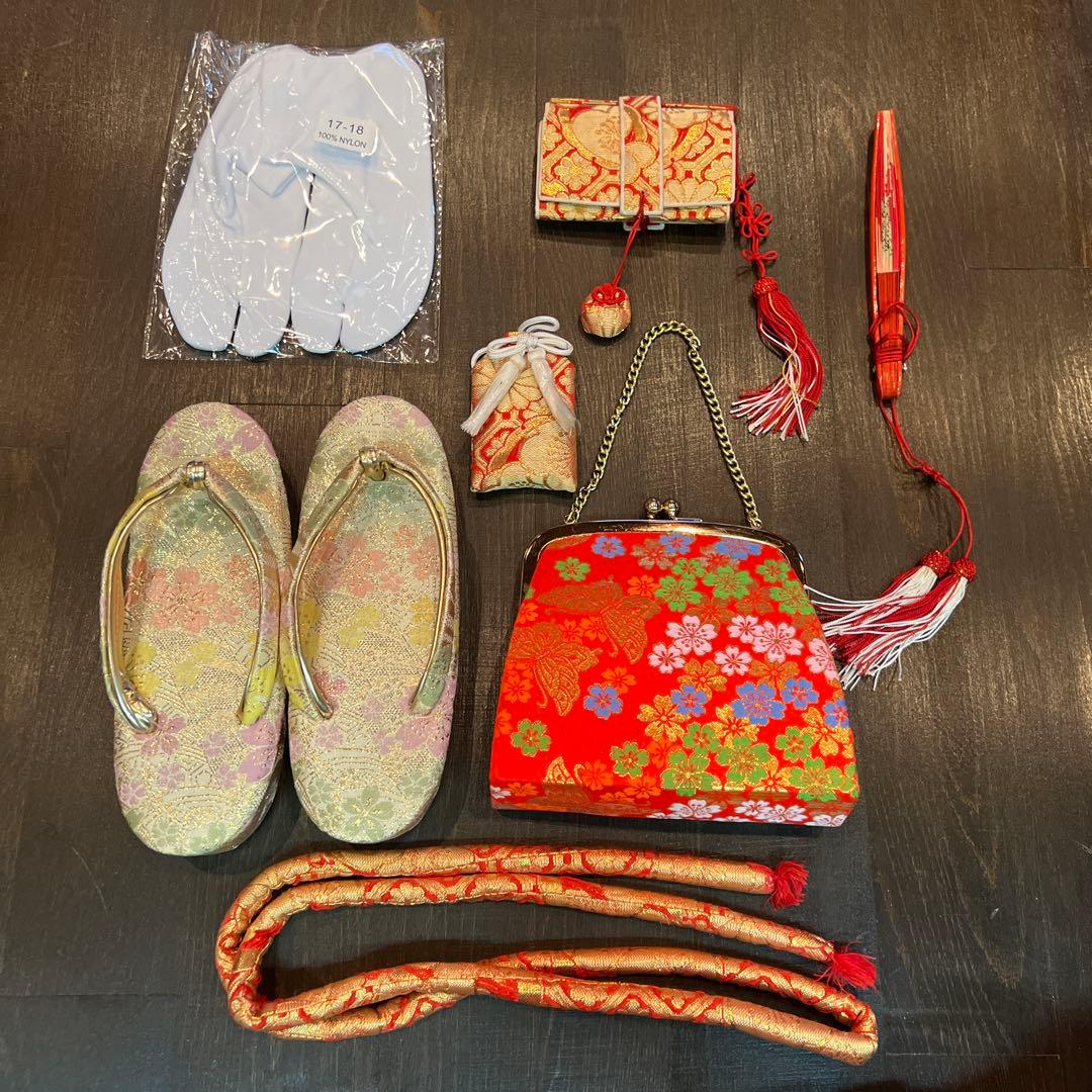 アンティーク 七五三 105cm前後 着物 作り帯 小物一式 フルセット 鼓 赤