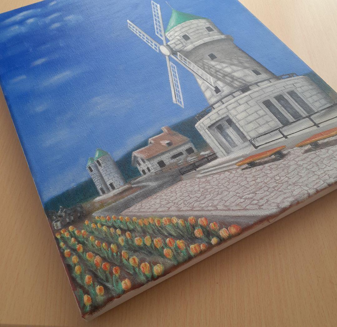 油絵　「白い風車小屋」サイズF6