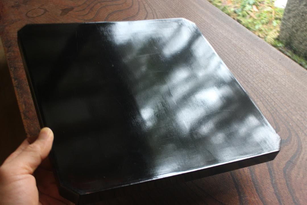 時代逸品！端正な黒漆に優美な木芙蓉文の映える隅切四方折敷（検京塗吉野塗お盆お膳