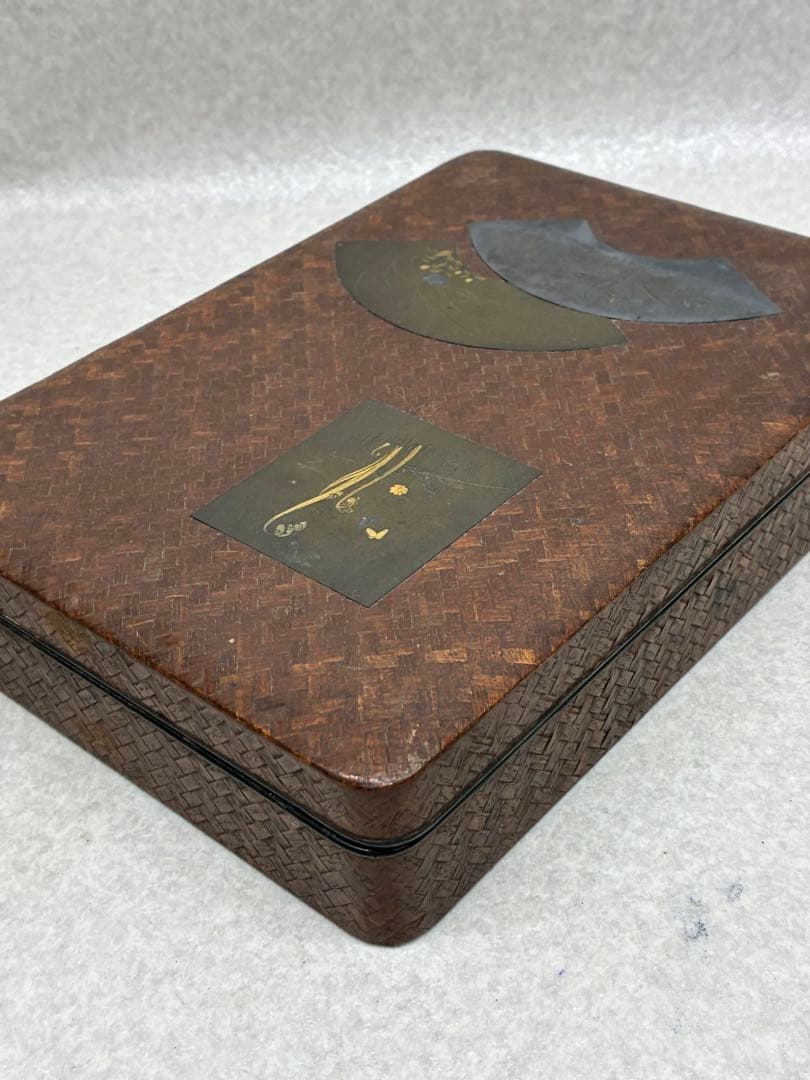 時代物 書道具 硯箱 作家物 扇面 彫金 象嵌 花文網代編 小物入 明治大正時代