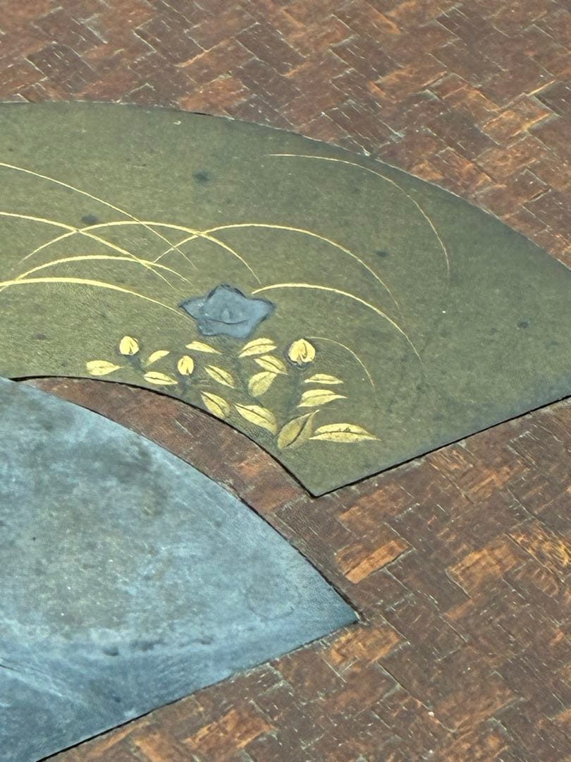 時代物 書道具 硯箱 作家物 扇面 彫金 象嵌 花文網代編 小物入 明治大正時代