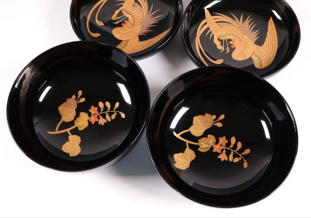 CM397】天然木漆塗 菊桐鳳凰金蒔絵 黒塗 煮物椀 二客 昭和期 木製漆器