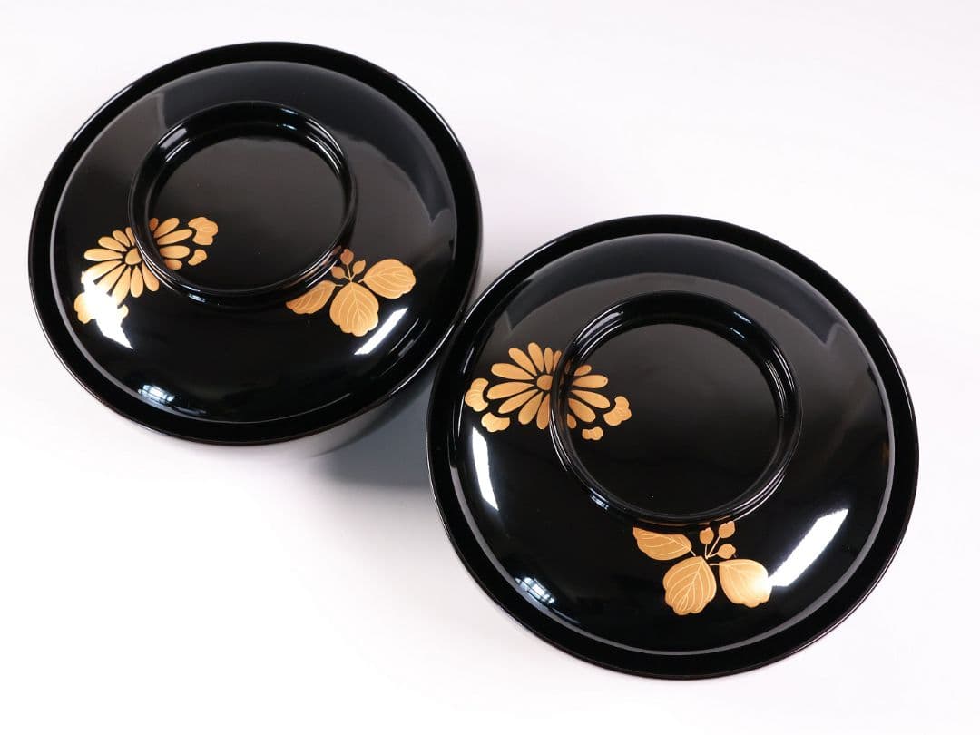 CM397】天然木漆塗 菊桐鳳凰金蒔絵 黒塗 煮物椀 二客