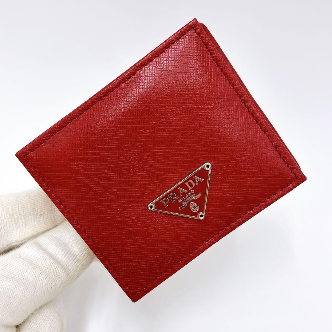 美品 ＊ PRADA プラダ サフィアーノ 三角ロゴ スクエア ケース 赤