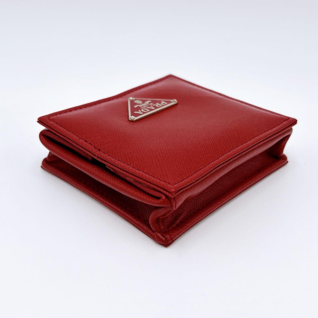美品 ＊ PRADA プラダ サフィアーノ 三角ロゴ スクエア ケース 赤