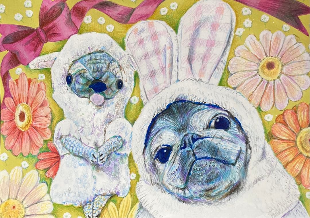 りんねです。犬の絵　色鉛筆画　パグ