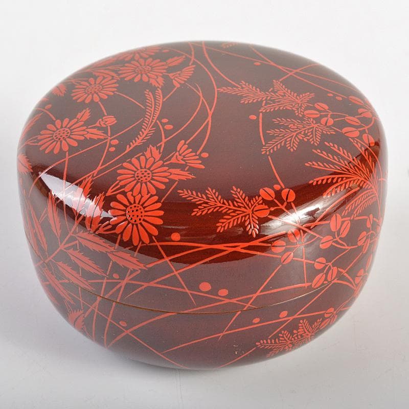 茶道具　漆塗　秋野蒔絵　内銀溜白粉解香合　在銘　共箱　D　R7406