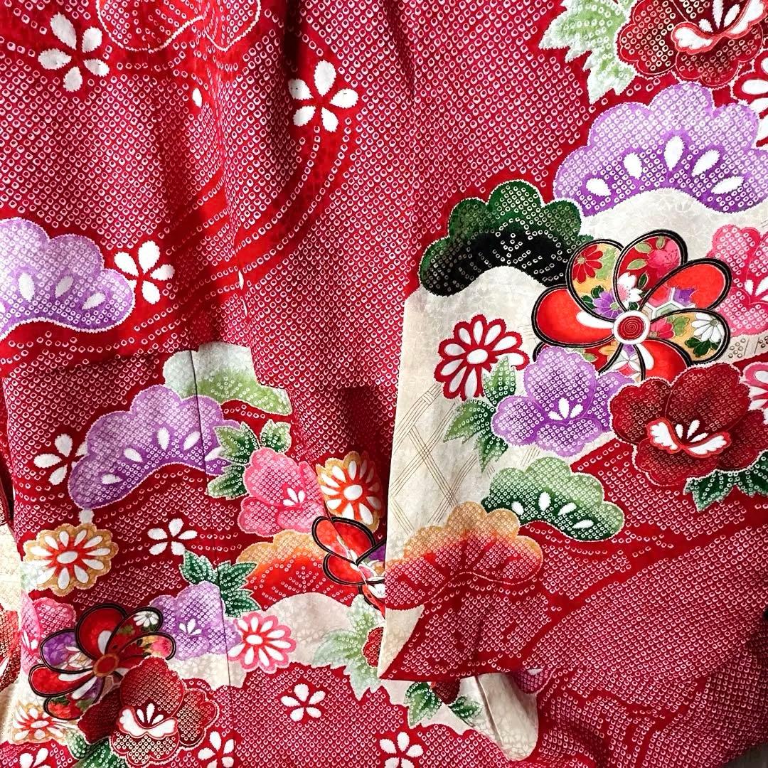 美品 七五三 三歳 女の子 正絹 赤 花柄 豪華お着物・長襦袢セット