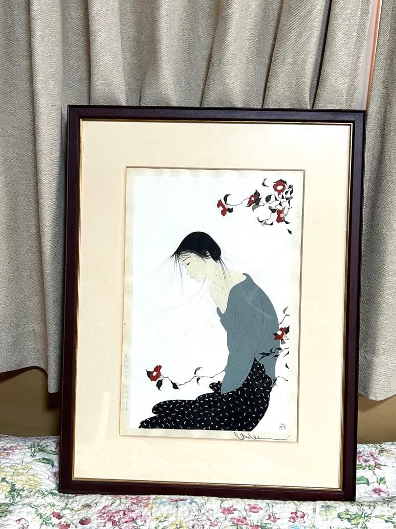 真作】中島潔 木版画 「風のかおり」 直筆サイン 美人画 風の画家