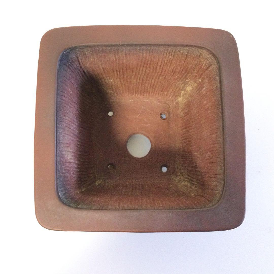 常滑焼 盆栽鉢 朱泥彫東海道五十三次図外縁額入下帯段足正方鉢 平田美芸作T477