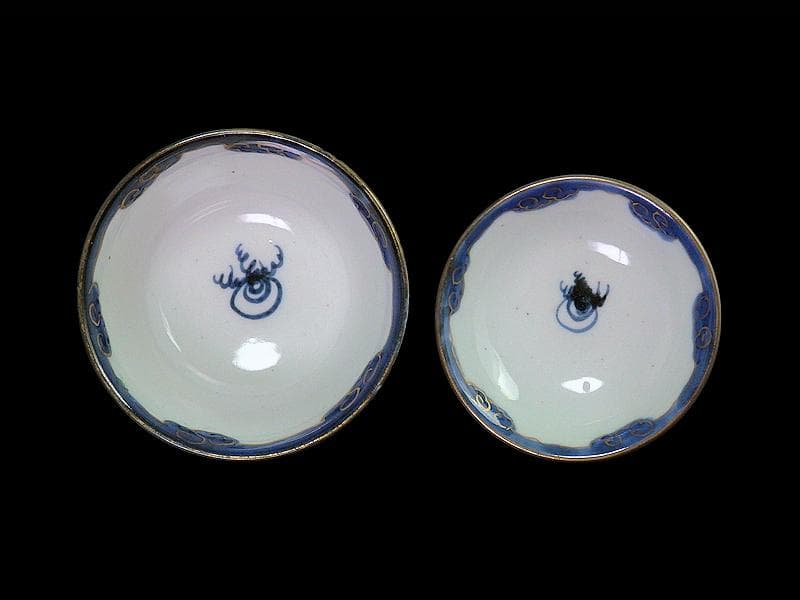 古伊万里 色絵 団龍紋 青海波に花の図 蓋茶碗 2客