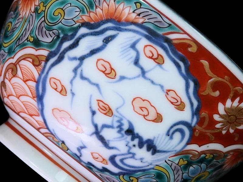 古伊万里 色絵 団龍紋 青海波に花の図 蓋茶碗 2客