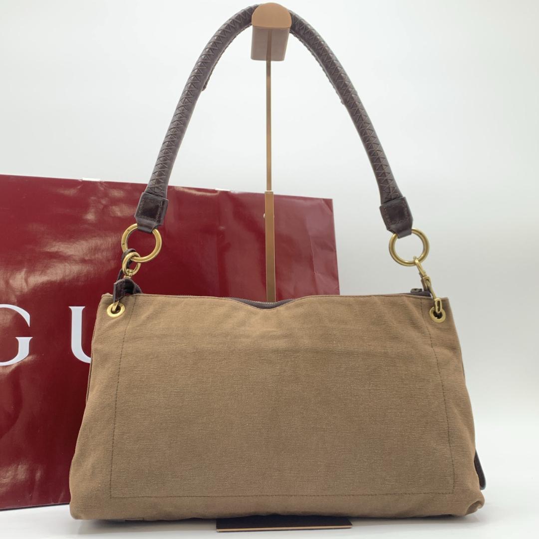 オールドグッチ ショルダーバッグ ハンドバック 真鍮色 キャンバス レザー