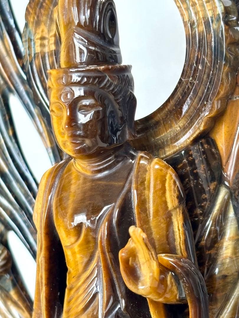 伝統工芸士 田中保山（甲州水晶貴石細工） 虎目石 聖観音像 ガラスケース