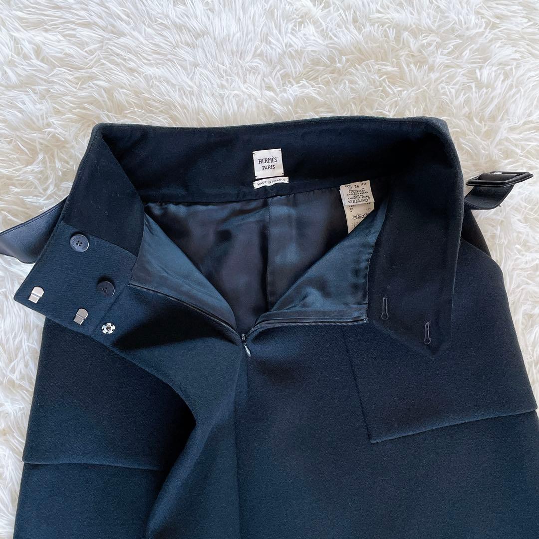 美品✨希少【エルメス】ウールアンゴラ ビッグベルトラップスカート ブラック 36