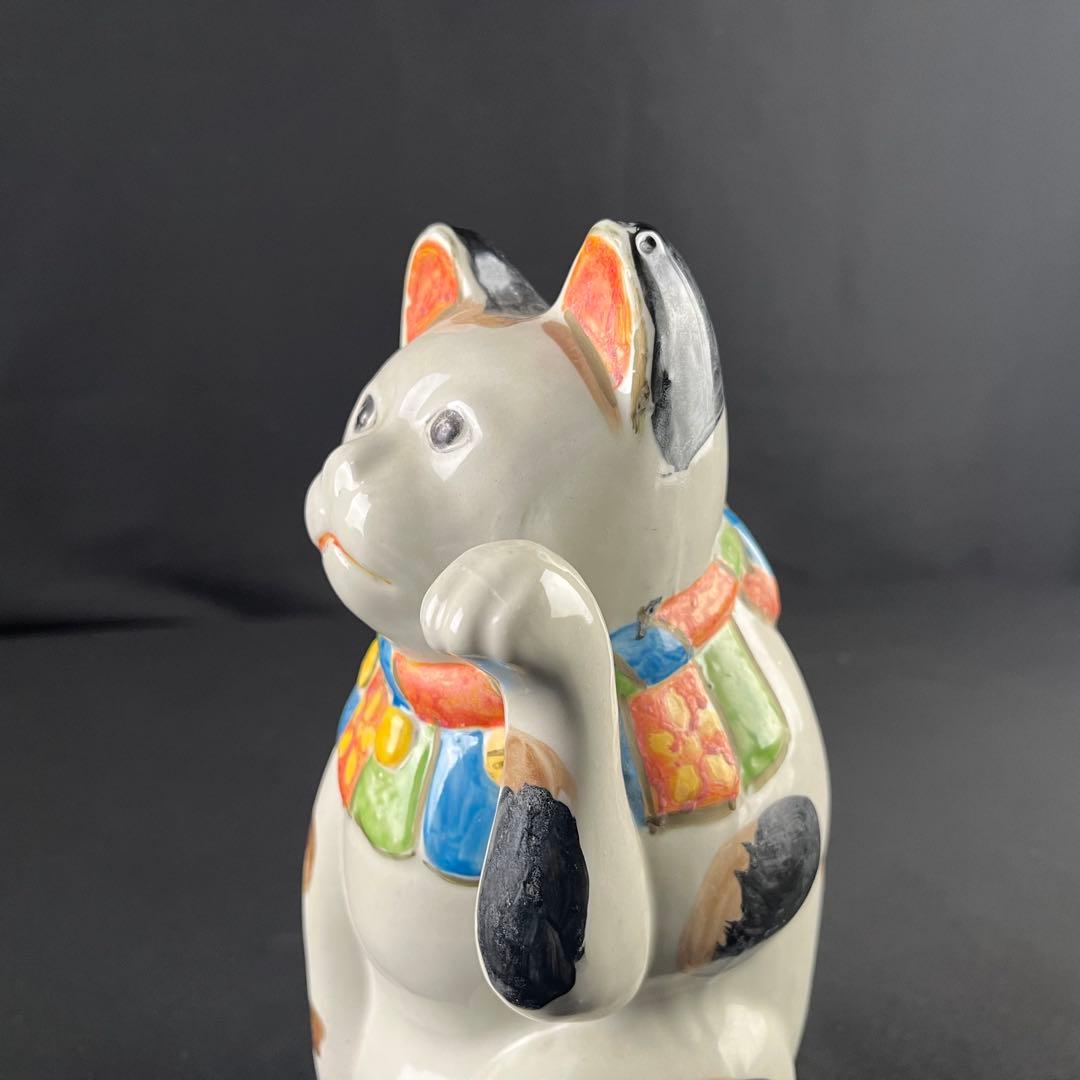大正時代　手塗り色絵　可愛い招き猫　招福　縁起物　陶器　置物　25センチ