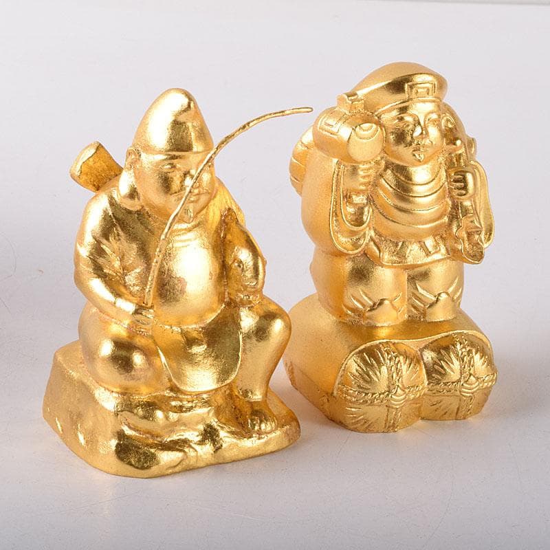 彫刻家　富永直樹作　銅鍍金　大黒天　恵比須像　七福神　2点　共箱　V　7606