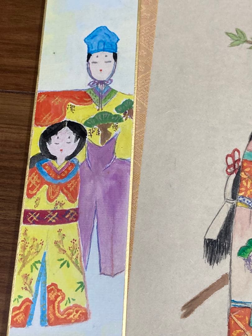 望月春江 真作　掛軸 短冊　めおと雛　桃の節句　雛祭りに　 肉筆 日本画