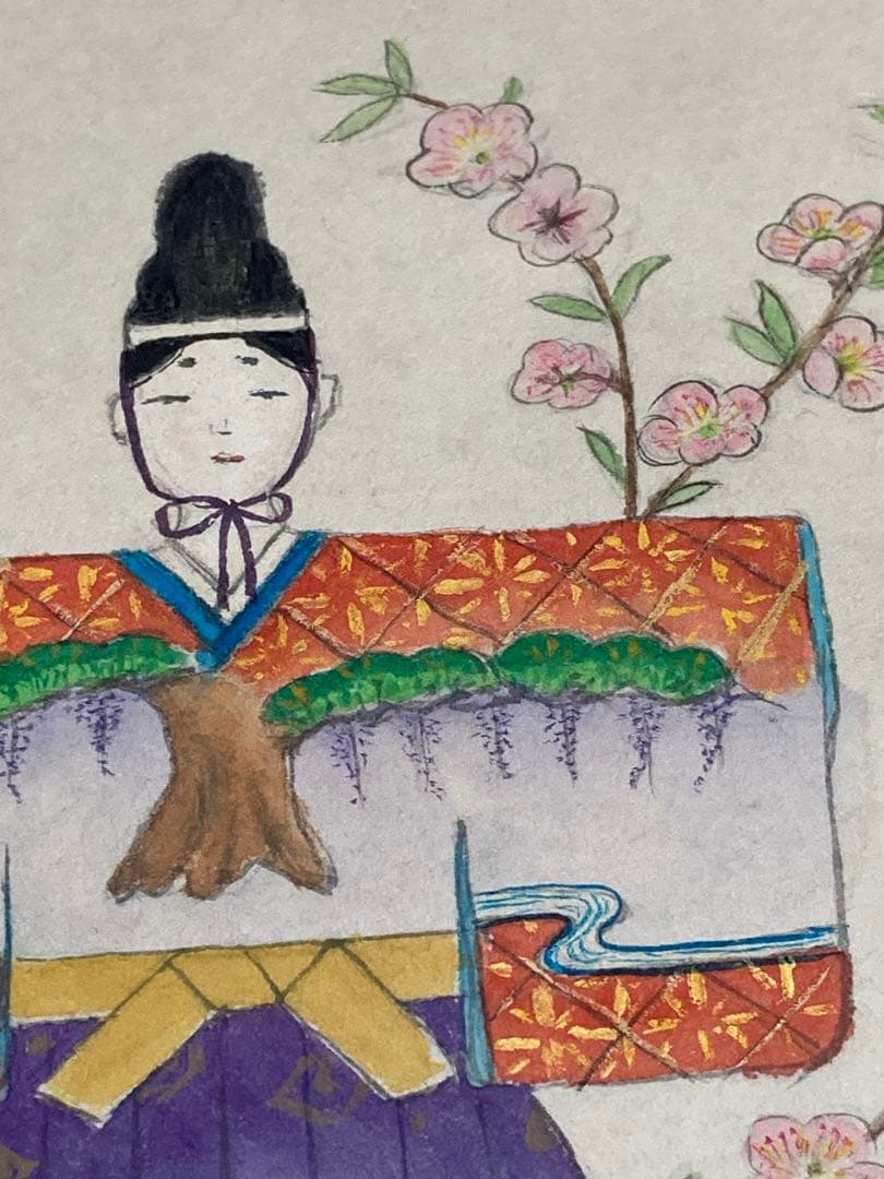 望月春江 真作　掛軸 短冊　めおと雛　桃の節句　雛祭りに　 肉筆 日本画