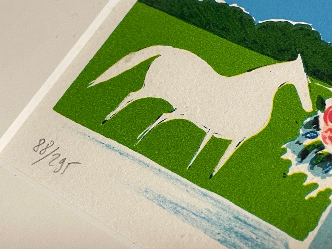 リトグラフ 版画 セルジュ・ラシス /antique 英国 薔薇 白馬 縁起物